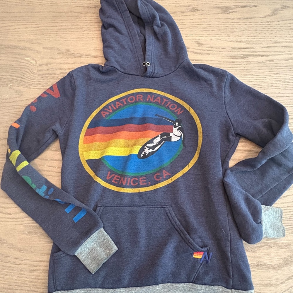 Aviator Nation Navy Hoodie with Rainbow Trim